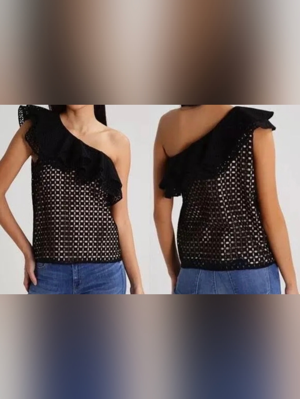 J.Crew NWT One-Shoulder Ruffle Eyelet Top in black /tan  Size 10